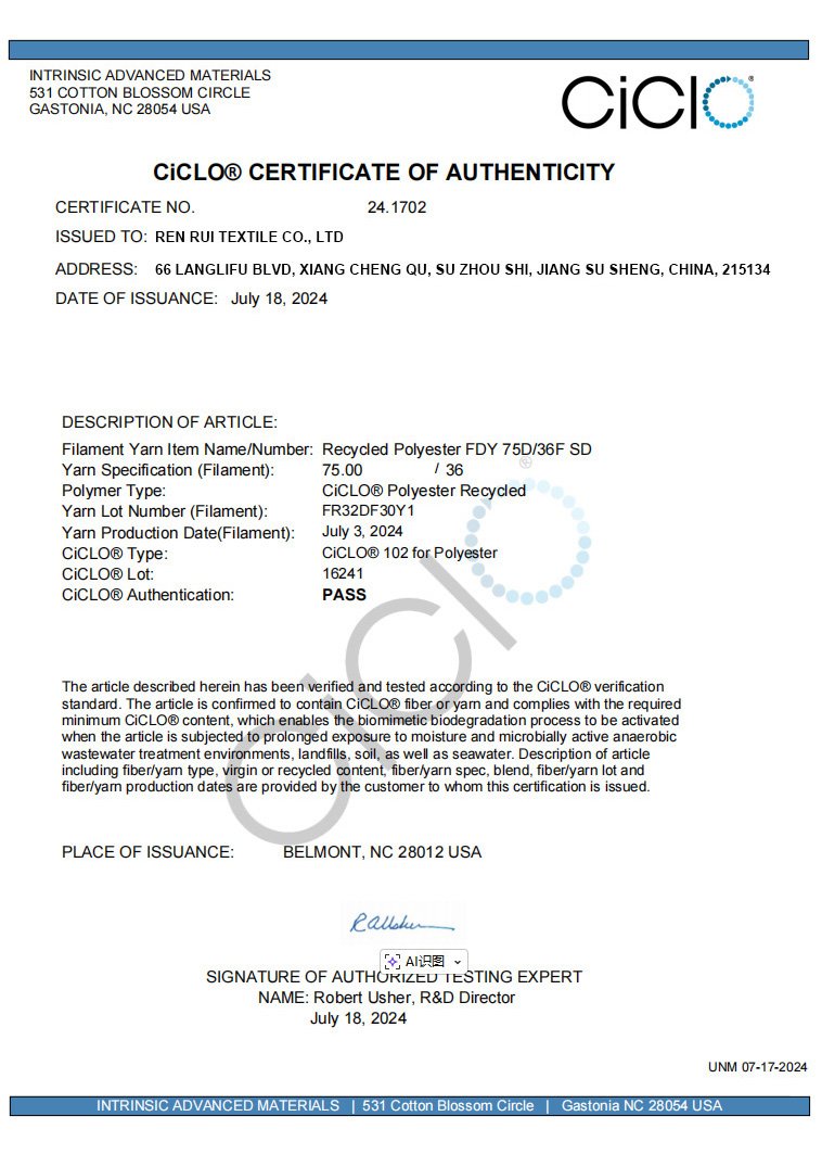 Certificado de autenticidad CICLO para poliéster reciclado de Renrui Textile
