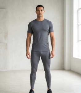 Ropa deportiva modelo hombre gris camiseta mallas