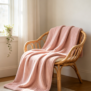 Manta acanalado forro polar manta decorativa rosa palo rosa ratan silla escena