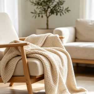 Manta panal manta decorativa crema avena madera silla escena