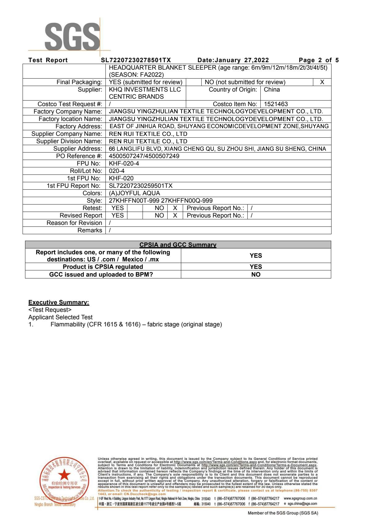 Informe de ensayo SGS de inflamabilidad textil (CPSIA 16 CFR 1610/1611) de Renrui Textile