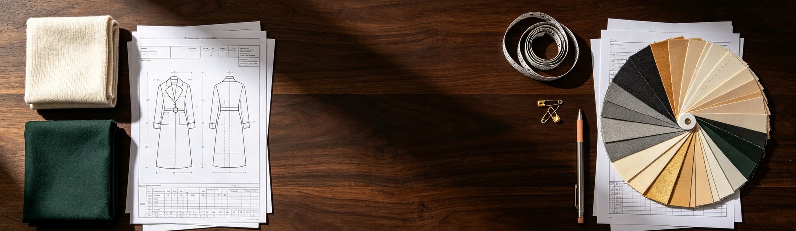 Mesa de trabajo en fábrica con tech pack de ropa
