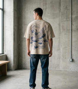 Personalizado camiseta oversize beige japones ola grulla back estampado modelo
