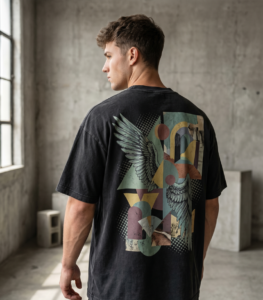 Personalizado camiseta oversize negro abstracto alas collage back estampado modelo
