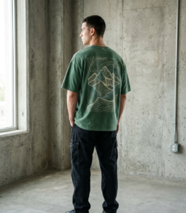 Camiseta oversize personalizada verde con estampado topográfico de montaña en la espalda