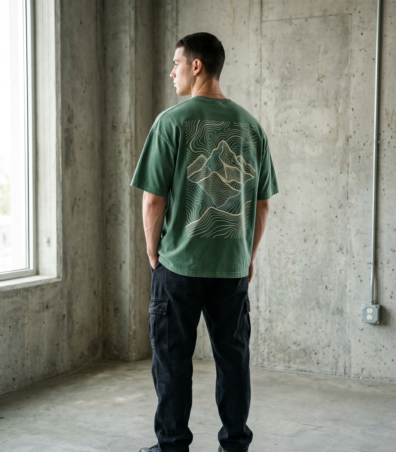 Camiseta oversize personalizada verde con estampado topográfico de montaña en la espalda