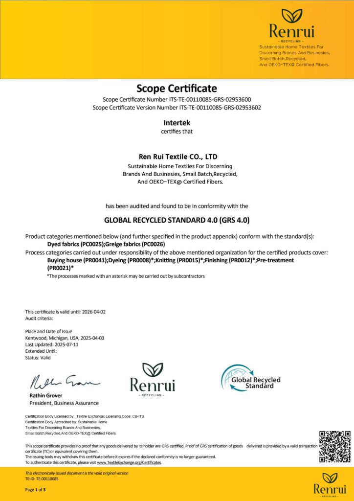 Certificado GRS 4.0 de Renrui Textile