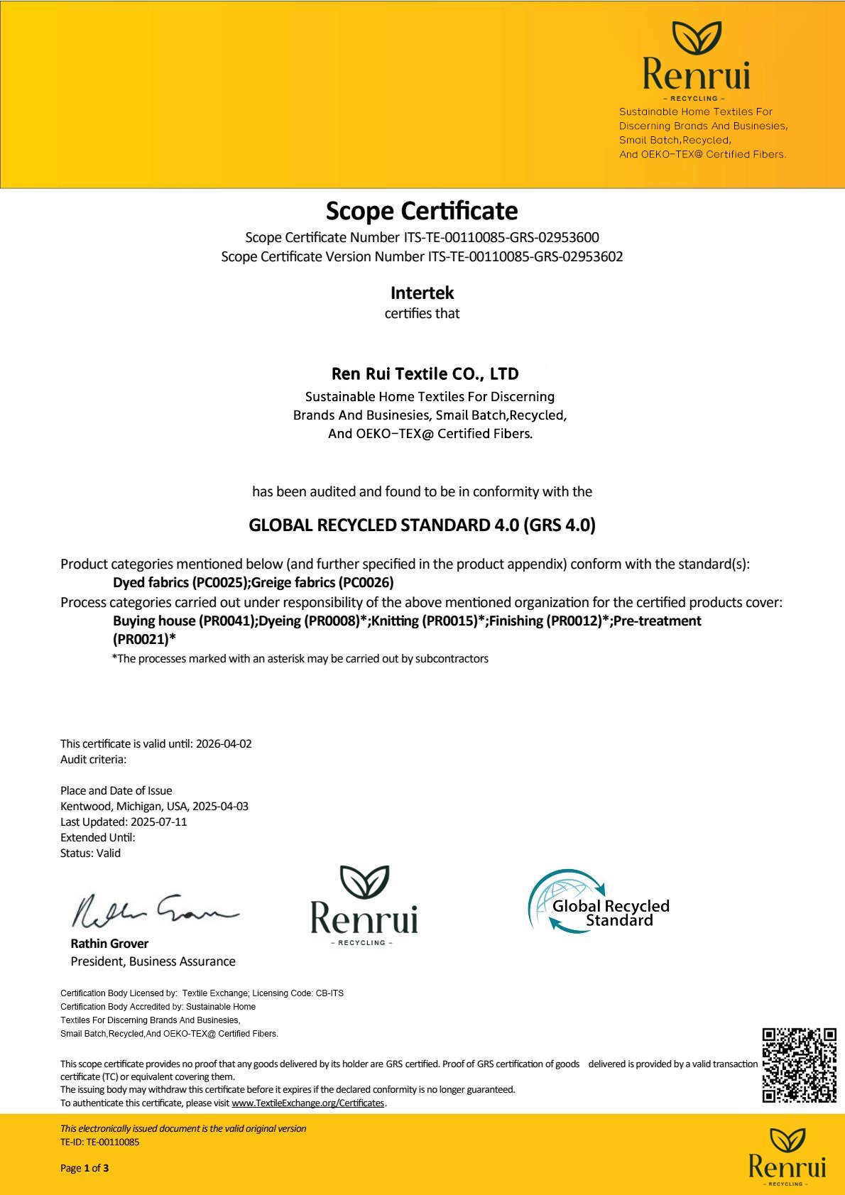 Certificado GRS 4.0 Global Recycled Standard de Renrui Textile