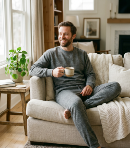 Ropa de estar por casa modelo hombre jaspeado gris sofa