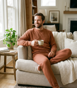 Ropa de estar por casa modelo hombre panal punto terracota sofa