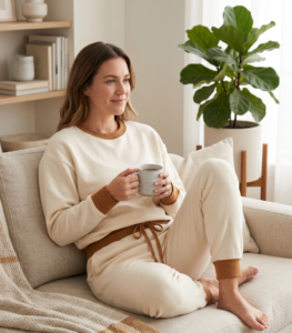 Ropa de estar por casa modelo mujer crema contraste ribete sofa