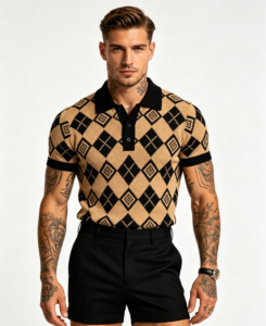 Hombre argyle rombos punto polo canela negro tatuado modelo