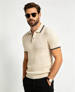 Hombre trenzado punto polo crema negro con ribete cuello modelo