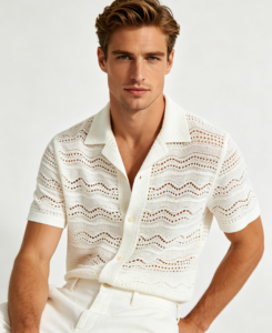 Hombre calado pointelle open punto camisa blanco modelo