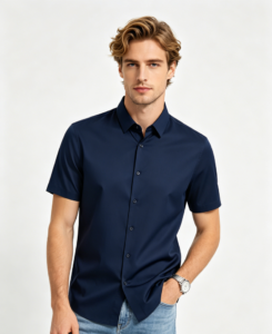Hombre corta manga vestido camisa azul marino modelo