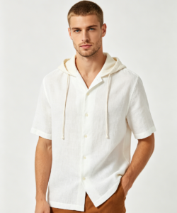 Hombre blanco corta manga con capucha boton camisa