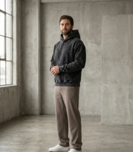 Modelo con sudadera con capucha efecto lavado ácido negro