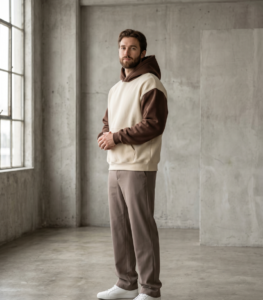 Sudaderas modelo hombre sudadera con capucha bloques de color crema marron