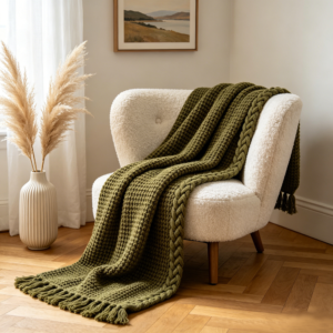Manta decorativa manta oliva verde chunky punto borla silla