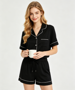 Mujer negro boton corta manga shorts pijama conjunto