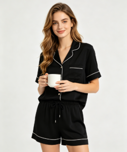 Mujer negro boton corta manga shorts pijama conjunto