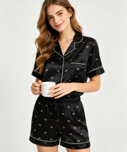 Mujer negro satin bow estampado corta pijama conjunto