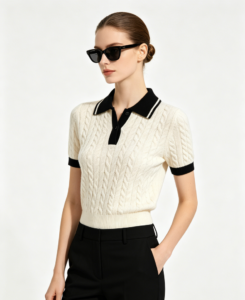 Mujer trenzado punto polo crema negro con ribete cuello modelo
