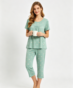 Mujer verde butterfly estampado corta manga capri pijama conjunto