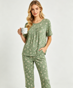 Mujer verde floral estampado corta manga capri pijama conjunto