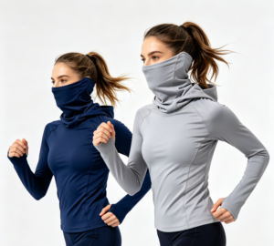 Mujer de rendimiento sudadera con capucha facial cuello polar azul marino gris running