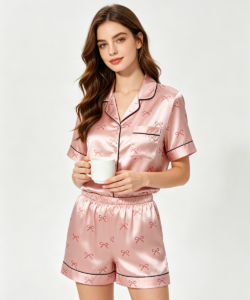 Mujer rosa satin bow estampado corta manga shorts pijama conjunto