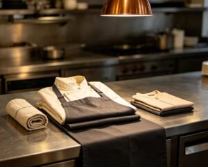 Chaquetilla de cocina y delantal de peto doblados sobre un pase de acero inoxidable de cocina profesional