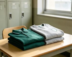 Pila de polos y sudadera de cuello redondo de uniforme escolar en verde botella y gris jaspeado