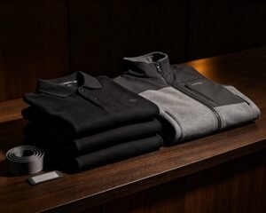 Pila de polos reforzados y chaleco softshell en negro y gris grafito para uniformes de seguridad