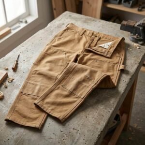 Pantalón de trabajo tipo carpintero en lona duck color arena con doble rodilla, en plano cenital