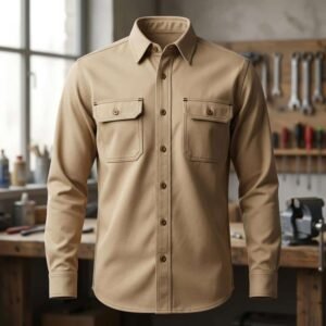 Camisa de trabajo en sarga color arena sobre maniquí invisible