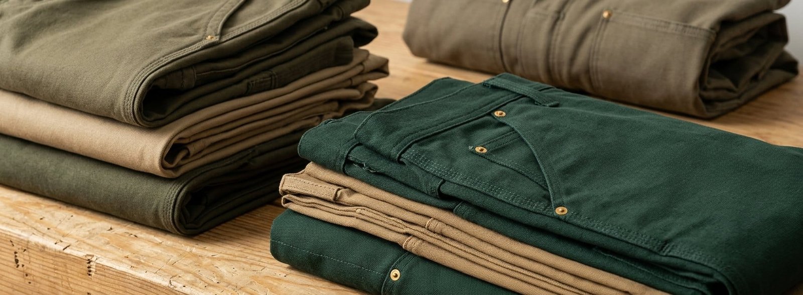 Pila de ropa de trabajo personalizada en sarga y lona duck — pantalones de trabajo en verde oliva, arena y verde pino con remaches de latón, sobre un banco de taller