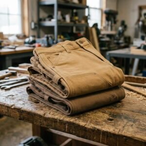 Pila de pantalones de trabajo tipo carpintero en lona duck, colores arena y marrón, doblados