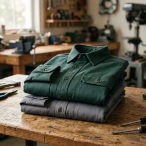 Pila de camisas de trabajo reforzadas en sarga, en verde pino y gris