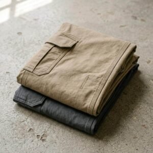 Pila de pantalones cargo en ripstop, colores caqui y grafito