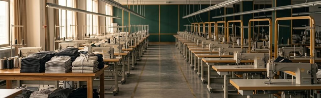 Interior de fábrica de maquila de ropa en China con línea de producción de costura y rollos de tela apilados