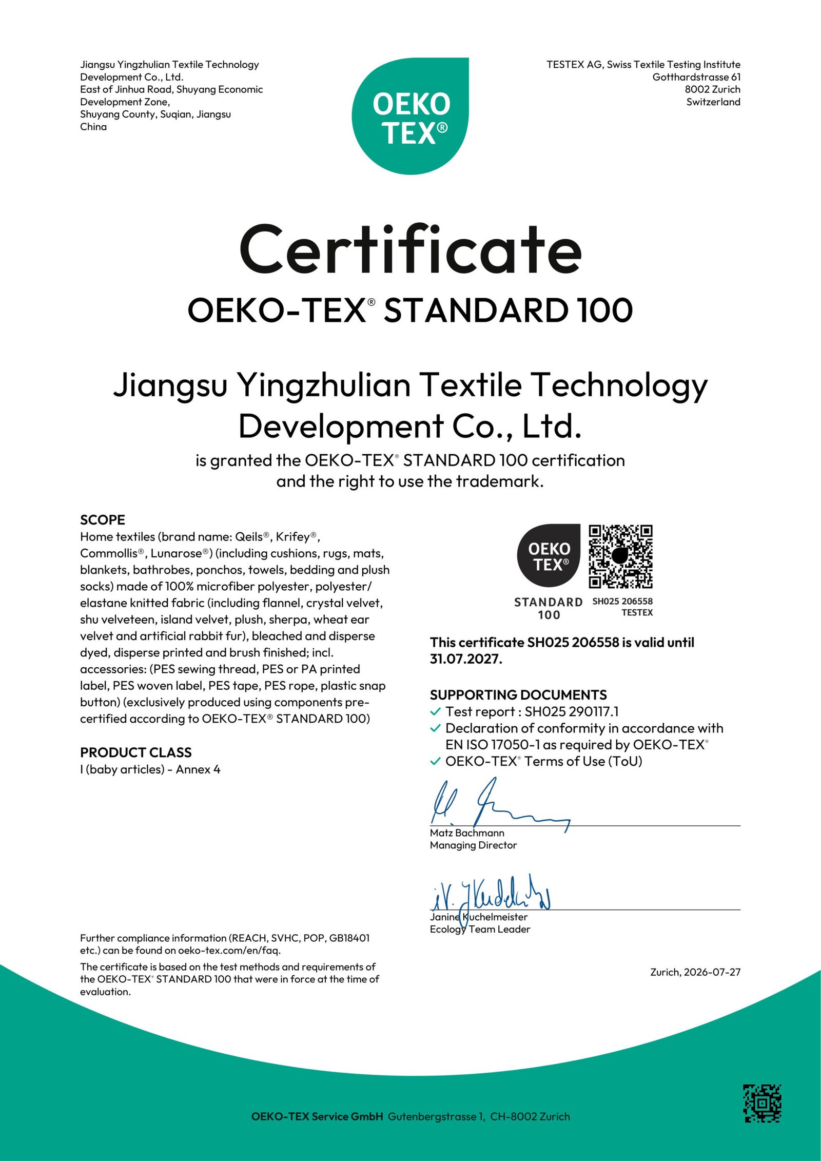 Certificado OEKO-TEX Standard 100 SH025 206558 de Renrui Textile